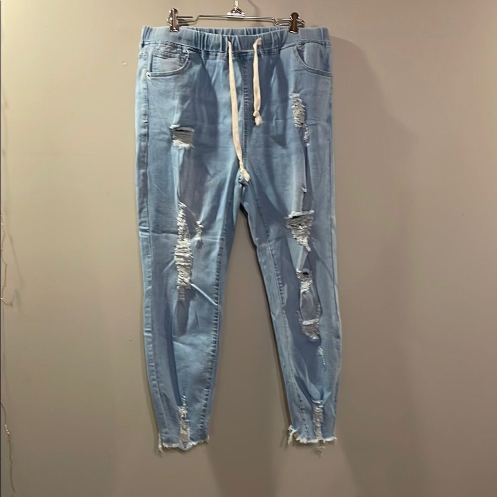 Blue Skinny Distressed Jeans with Elastic Cuffs